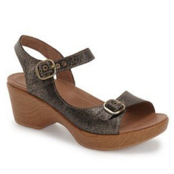 Dansko Joanie Metallic Pewter Leather Ankle Strap Buckle Platform Sandals 42 - Picture 9 of 9